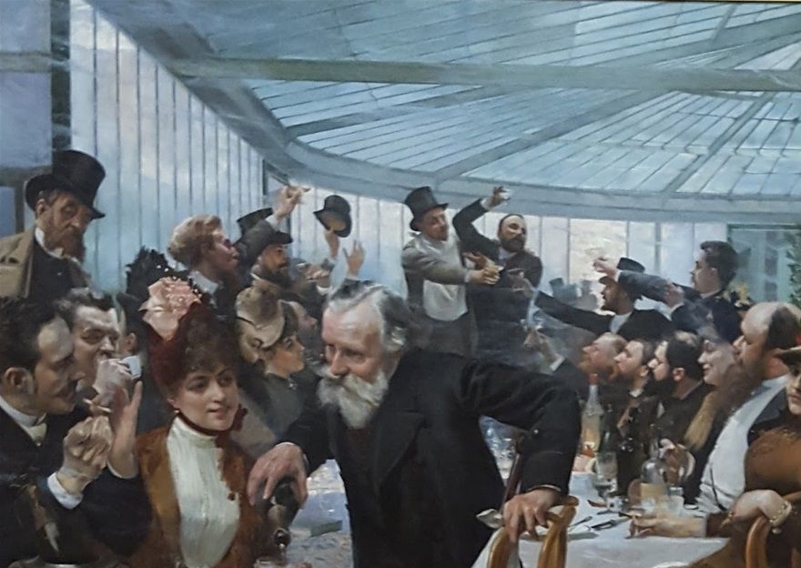 Så här livat kunde det vara när konstnärerna festade.  Bilden föreställer skandinaviska konstnärer på Café Ledoyen i Paris. Målad av Birger Hugo. Tavlan hänger på Göteborgs konstmuseum.