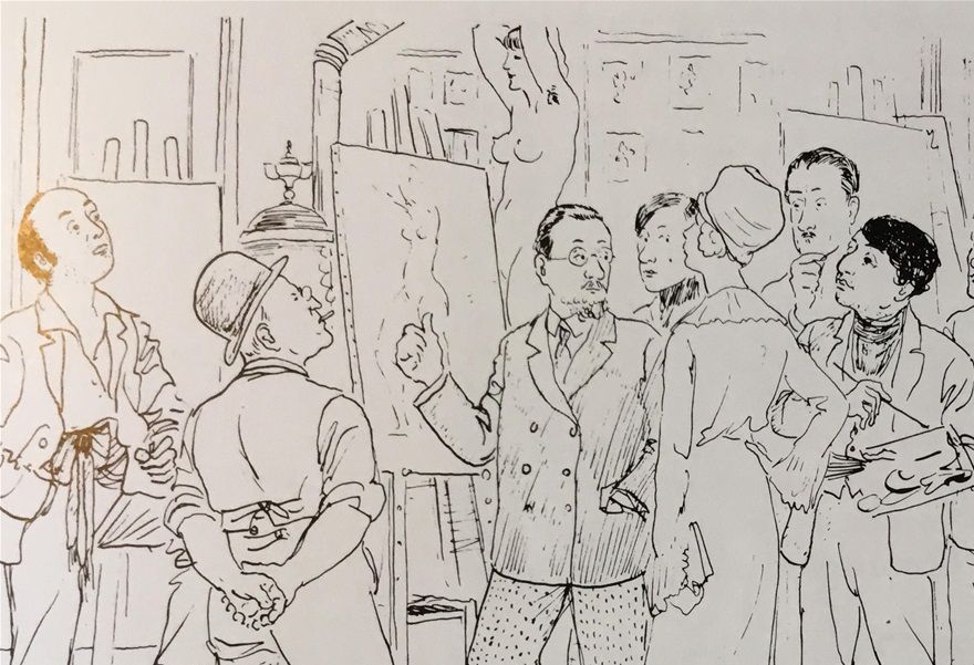 Matisse undervisar en grupp av sina elever. Från vänster Carl Palme, skolans massier, Matisse själv, Arthur C:son Percy, Sigrid Hjertén, Leander Engström, Isaac Grünewald, Einar Jolin, Per Krohg och Birger Simonsson.