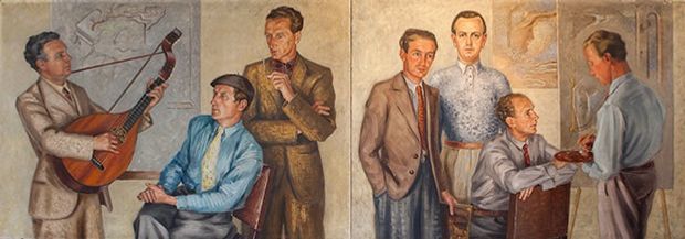 Halmstadsgruppen. Inspirerades bland anda G.A.N., Leger och Chagall. Denna kamratgrupp målare skulle spela en stor roll för den moderna konstens utveckling i Sverige.  På monumentalmålningen, skapad av Stellan Mörner 1936, ser vi från vänster Egon Östlund (initiativtagare), Erik Olsson, Axel Olsson, Sven Jonsson, Stellan Mörner, Waldermar Lorentzon och Esaias Thorén. (Ägare: Halmstads kommun).