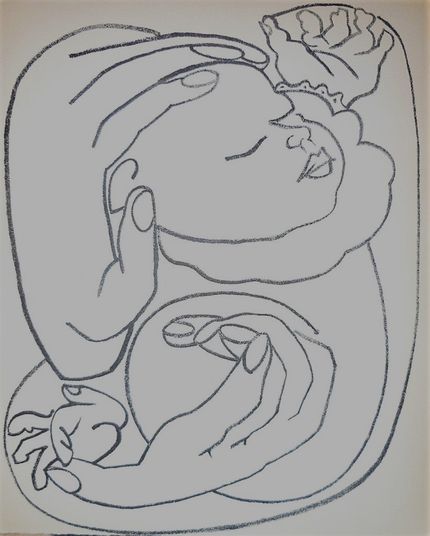 Françoises egen teckning av när hon håller sin lilla Paloma (1950).