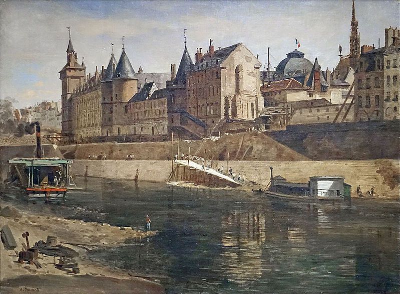 Palais de Justice, La Conciergerie och Tour de l'Horloge  (Adrien Dauzats). I samma fångelse satt också Marie-Antoinette inspärrad.