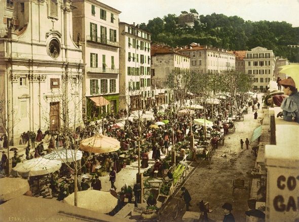 Blomstermarknaden på Course Saleya (ca 1890). Längst bort står huset med Matisses våning.