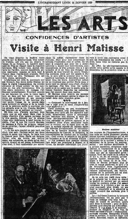 Artikel om Matisse i L’Intensigeant januari 1929.