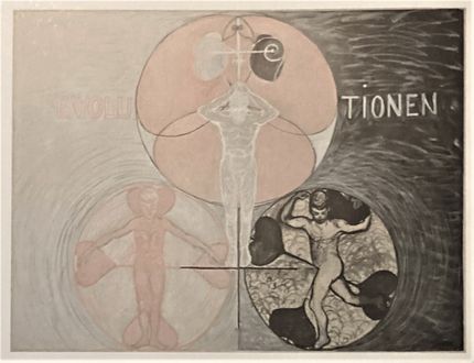 Evolutionen, nr 2. Serie WUS/Sjustjärnan, Grupp VI, 1908. ”De 3 fälten beteckna kropp, själ och ande… Det är en bild av fysisk kraft. Själsligt bär den övre figuren de båda andra”.