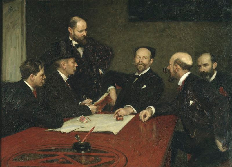 Konstnärsförbundets styrelse 1903 (målad av Richard Bergh). Från vänster ser vi skulptören Christian Eriksson följd av målarna Eugèn Jansson, Nils Kreuger, Karl Nordström (ordf.), Robert Thegerström och Richard Bergh. Förbundet hade sitt ursprung i den s k Oppositionen, som ansåg att Konstakademien var förlegad. Oppositionen var stark, här fanns namn som Ernst Josefsson, Carl Larsson, Anders Zorn och Georg Pauli. Konstnärsförbundet startade sin egen konstskola 1890 och i brist på finasiellt gehör från kung Oscar II fick de luta sig mot privata sponsorer som Eva Bonnier, prins Eugen, Pontus Fürstenberg och Ernest Thiel.