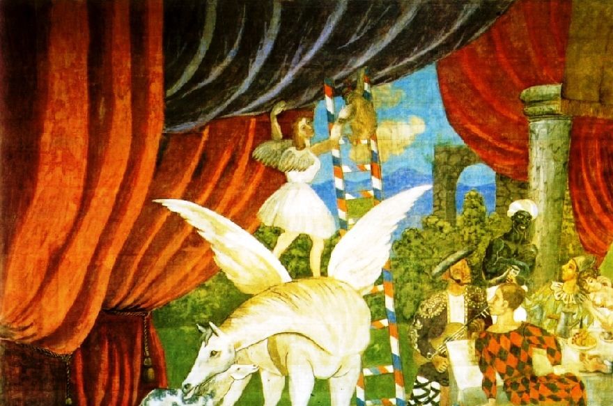 Picasso avbildar en scen ur baletten Parade för Ballet Russes, 1917. Här höjer Picasso ribban för vad som är möjligt med den modernistiska konsten.