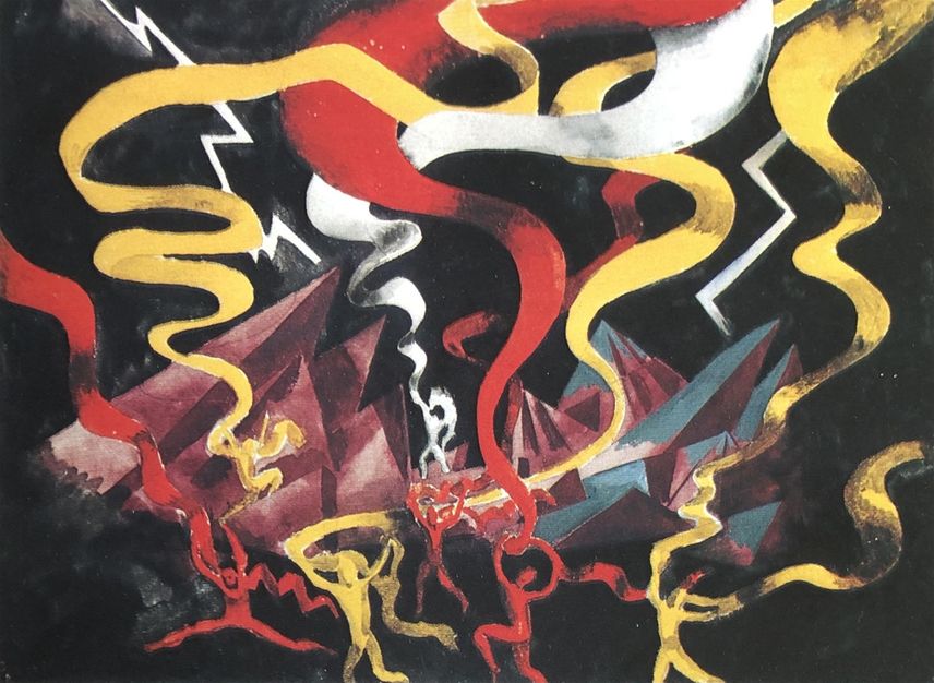 Scenbild för Webers opera ”Oberon”, som gick upp på Stockholmsoperan 1925. Operan var tänk som ett huvudnummer i firandet av Kungliga teaterns (Operans) 150-årsjubileum 1923, men blev av olika anledningar framflyttad till 1926. Scenbilder och kostymer gjordes av Isaac Grünewald mellan åren 1922 och 1925.