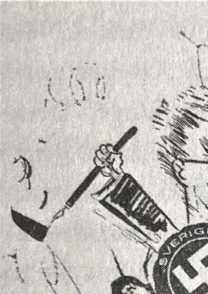 Isaacs antagonist Ossian Elgström börjar återigen göra sin stämma hörd. Här med ett nazistiskt självporträtt i  Söndagsnisse - Strix 1932.