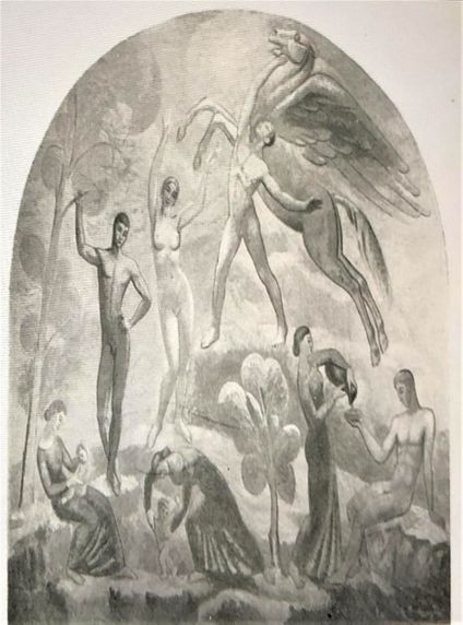 Skiss som ingick  i det nya förslaget till utsmyckning av Vigselrummet (1934). Förslaget genomfördes aldrig.